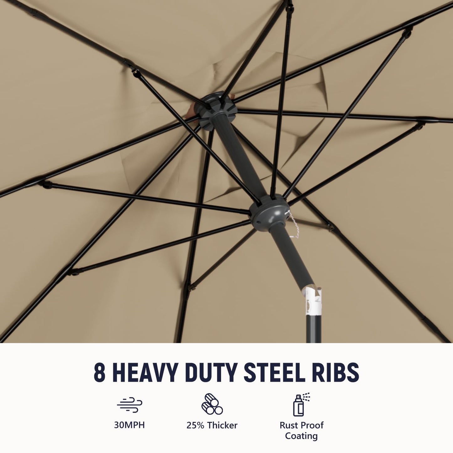 Benass 9ft Outdoor Patio Umbrella with One Push Button Tilt and Crank, 8 Sturdy Fiberglass Ribs Market Table Umbrella (Beige)