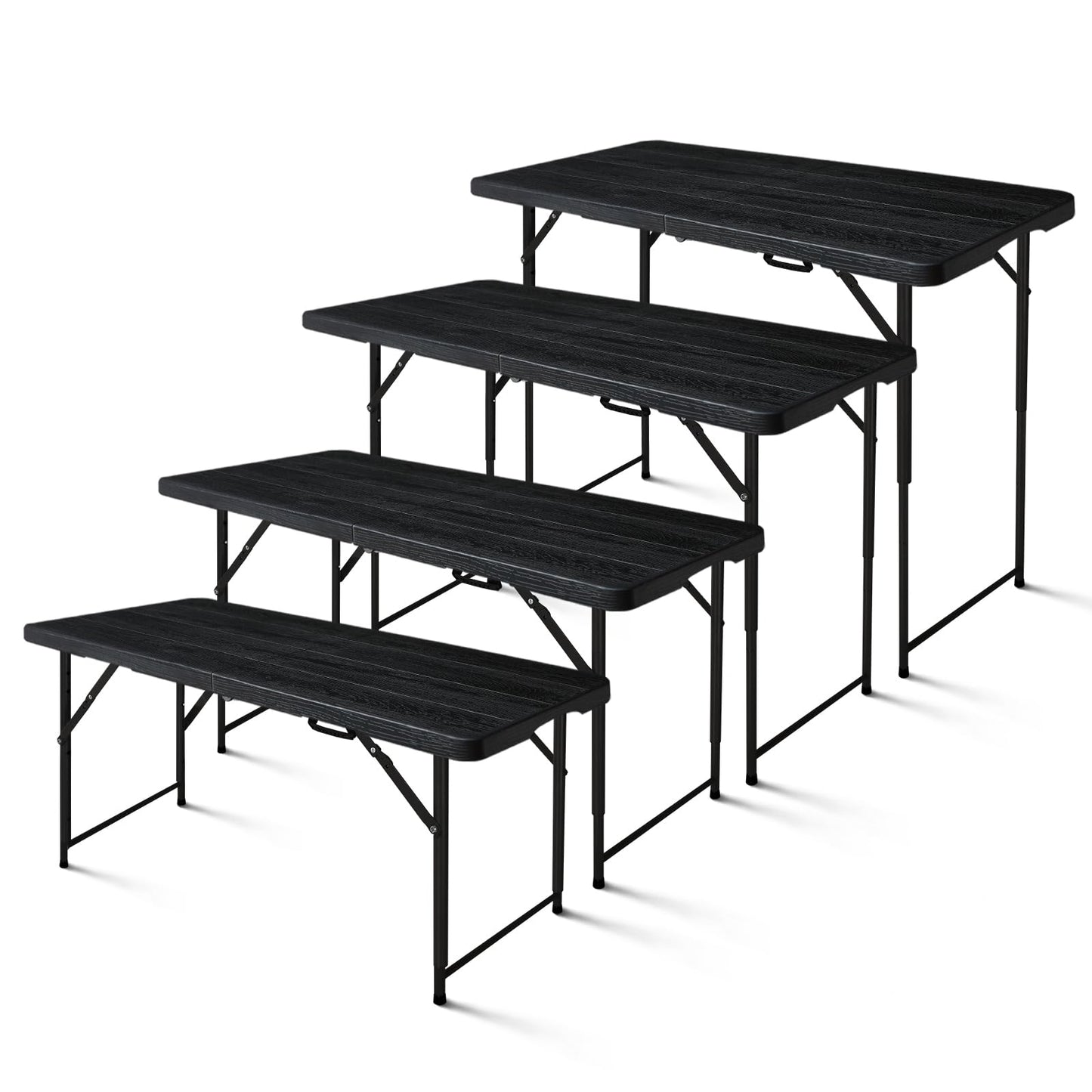 FROASISPRO 4ft Folding Table, Portable Fold-in-Half Adjustable Height Utility Table for Indoor/Outdoor Use, Durable HDPE & Steel, Stable & Lightweight, Multi-Purpose, Black Woodgrain