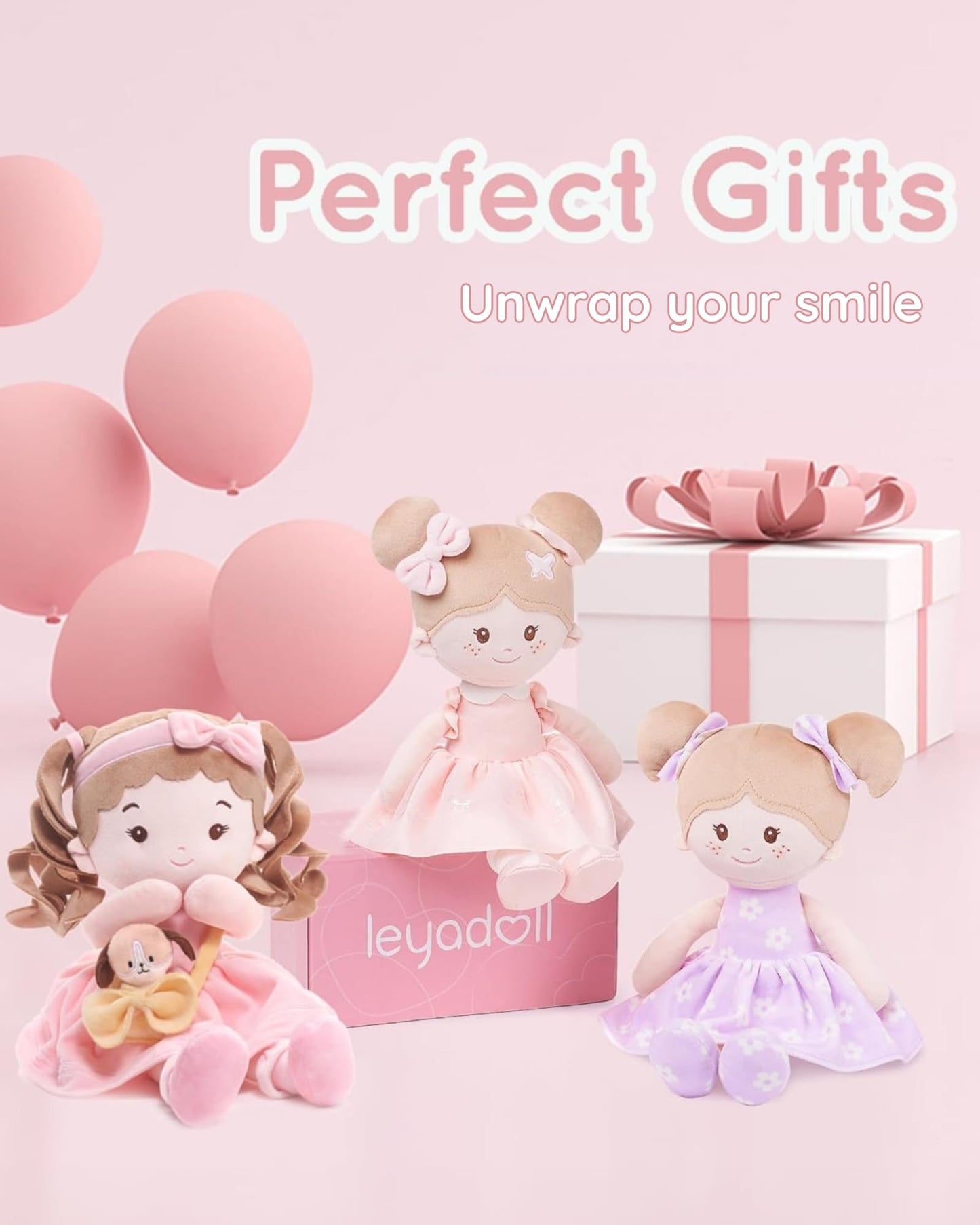 LeyaDoll Soft Baby Doll Toys (16''), My First Baby Rag Doll for 1 Year-Old Girl Birthday Gift, Christmas Plush Toys Gift for Toddler Kids Infants-Daydream-Mia-and-Her-Pet-Dog