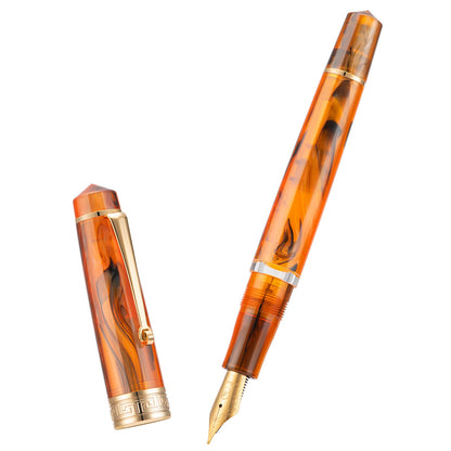 Asvine P20 Piston Fountain Pen Amber Resin, Iridium Extra Fine Nib Gold Trim Smooth Writer Collection with Case Set