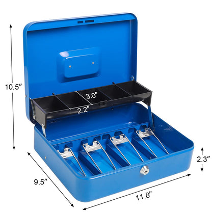 Parrency Cash Box with Key Lock，Durable Metal Cash Box with Money Tray，Lock Box Safe Storage Security Locker，Blue