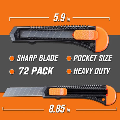 REXBETI Utility Knife, Retractable Box Cutter for Cartons, Cardboard and Boxes, 18mm Wider Razor Sharp Blade, Smooth Mechanism, Perfect for Office and Home use (72 Pack)