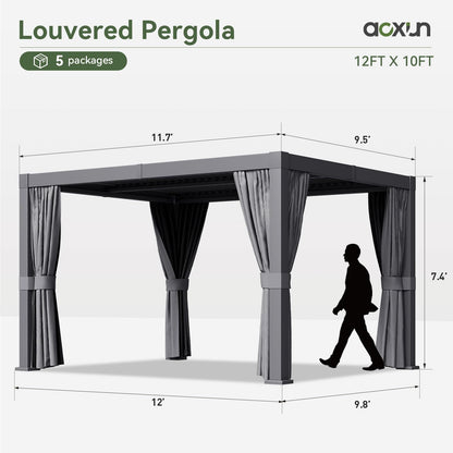 Aoxun Louvered Pergola 10' x 12' Outdoor Aluminum Pergola with Adjustable Top for Decks, Gardens and Backyards, Gray