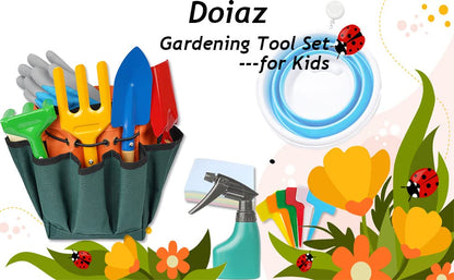 Kidz Gardening Tool Set – Gardening Tools Kit Includes Shovel, Rake, Fork Trowel, Children'z Garden Kit with Sun Hat, Apron, Gloves, Tote Bag, Sprayer and Bucket, Outdoor Play Toyz Gift for Kidz