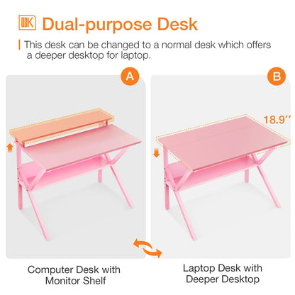 ODK Small Desk, 27.5 Inch Computer Desk for Small Spaces, Study Desk with Storage & Monitor Stand, Pink