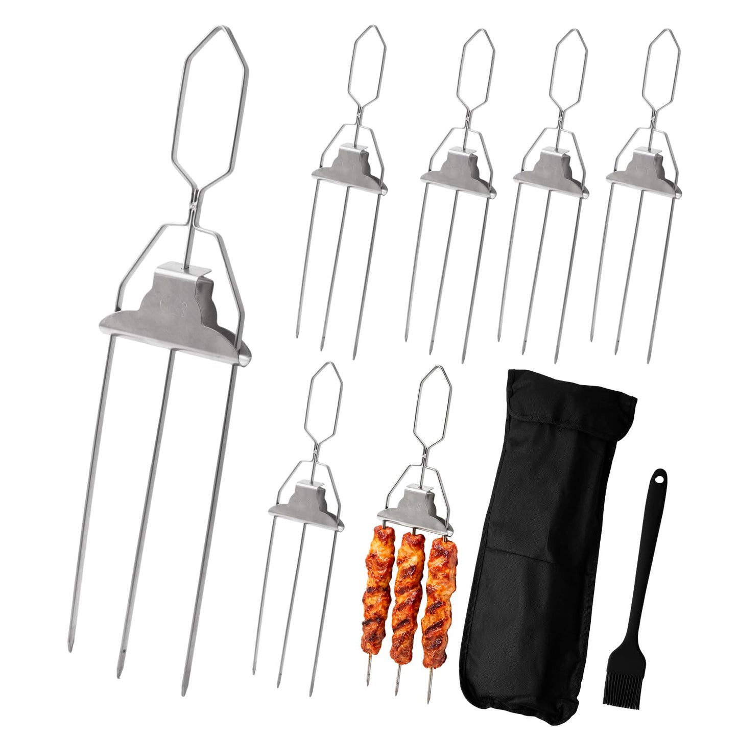 YQGQSUAK 7 Pack 15 Inch 3 Prong Kabob Skewers, Stainless Steel Grill Skewers with Push Slider Bar, Reusable Metal BBQ Sticks for Meat, Chicken, Veggies and Outdoor Cooking