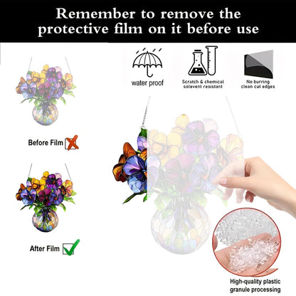 1PC Pansies in Vase Acrylic Suncatcher Hanging, 7.08 inch Window Decor with Printed Stained Glass Style Design, Rainbow Maker Wall Art, Gift Idea & Garden Ornament Indoor Outdoor Use/ZW-07