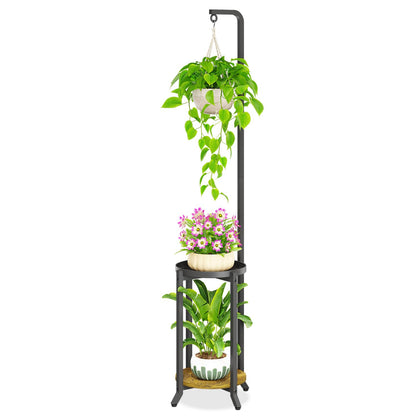 iDavosic.ly 2 Tier Hanging Plant Stand Indoor, Tall Vertical Corner Metal Flower Heavy Duty Pot Holder Shelf for Patio Porch Living Room, Modern Black & Rustic Brown - Round