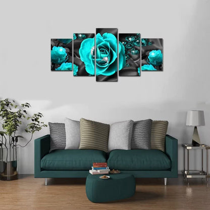 AWLXPHY Decor Teal Rose Wall Art Canvas Painting Framed 5 Panels for Living Room Decoration Modern Blue and Black Rose Stretched Artwork Floral Giclee (Blue, 60"x30")