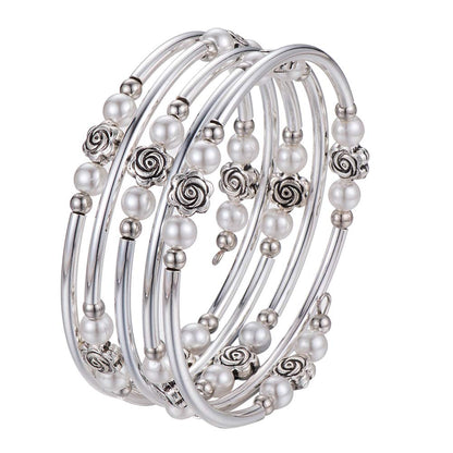 BULINLIN Wrap Bangle Rose Bead Bracelet - Beaded Bracelet with Natural Agate Stone Gifts For Women(01-White pearl)