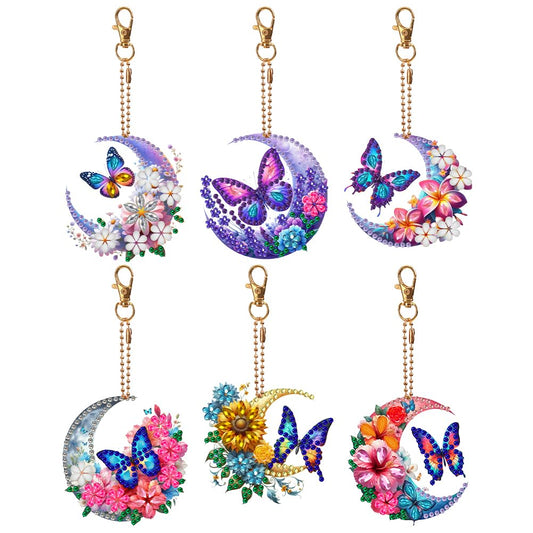 C'eitura 6Pcs Moon & Butterfly Diamond Painting Keychains, Double-Sided Crystal Rhinestone Charms, Mystical Celestial Gifts for Women, Birthday Party Favors