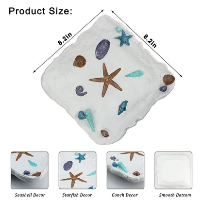 Afadorable White Resin Ocean Tray, Decorative Seashell Starfish Conch Bowl Key Trinket Storage, Coastal Centerpiece Table Decor for Home Living Room Kitchen, Beach Themed Wedding Party Decor