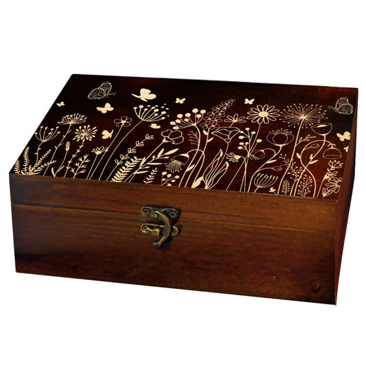 arricraft 1 Pc Wooden Memory Keepsake Box, Wildflower Cluster Butterflies Engraved Pattern Rectangle Pine Tarot Box for Anniversary Jewelry Board Storage (9.45x5.51x3.54 Inch)