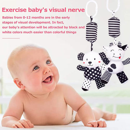 SHXERO Baby Car Seat Toys, Black White Stroller Toy Stretch Baby Spiral Plush Toys, Hanging Rattle Toys for Crib Mobile, Newborn Sensory Toy Best Gift for 0 3 6 9 12 Months (Calf/Panda)