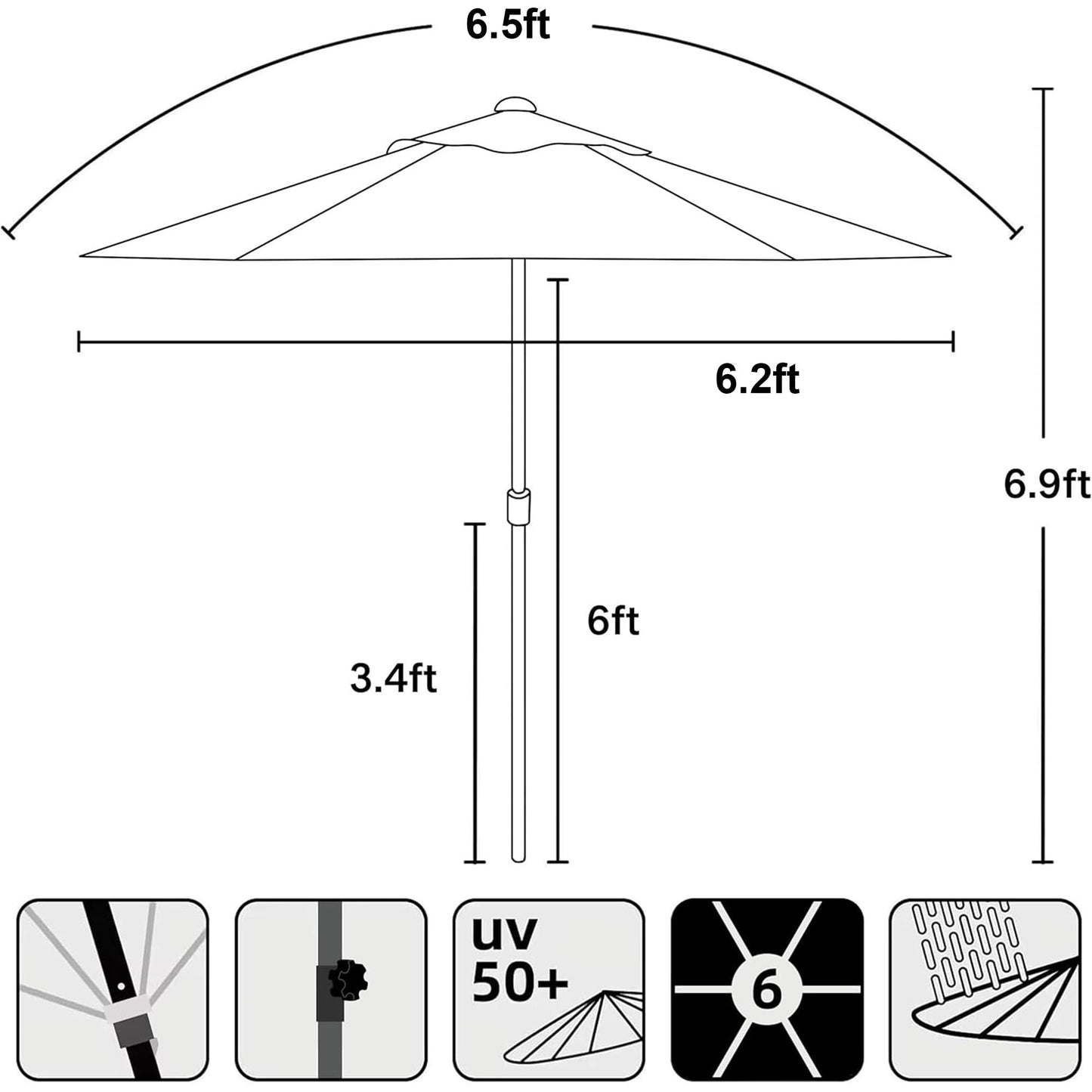AMMSUN 6ft Patio Umbrella Outdoor Table Umbrellas with Push Button Tilt, UPF50+ Premium Steel Pole and Ribs for Deck, Lawn, Garden, Backyard & Pool (Black)