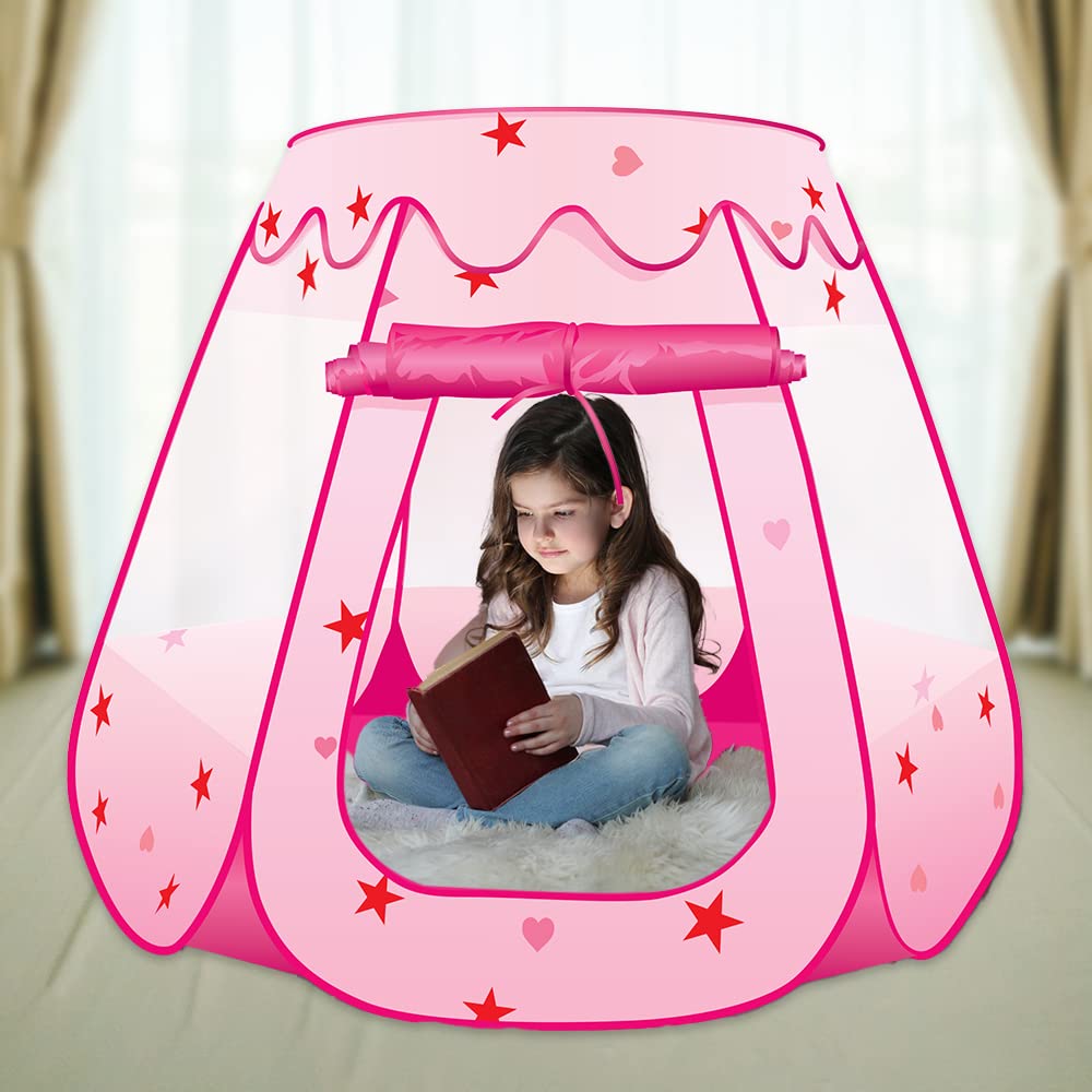 ArtCreativity Pop Up Princess Tent, Kids Playhouse Tent with a Carry Bag, Foldable Pink Princess Ball Pit for Girls 1,2 3,4 Year Old Birthday, Indoor & Outdoor Play House for Kids