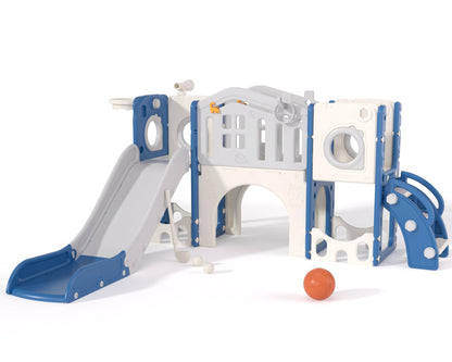 67i 10-in-1 Toddler Playground Set with Slide & Climber, Indoor Outdoor Play Gym for Toddlers 1-3, Quick Compact Setup Kids Playset with Basketball Golf Ring Toss Telescope Dino Area (Blue Gray)