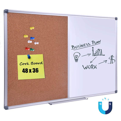 Magnetic Combination Whiteboard & Cork Bulletin Board 48 x 36 Inch - Dual Surface Vision Board for Home Office Organization, Kitchen Meal Planning & School Study - Silver Aluminum Frame
