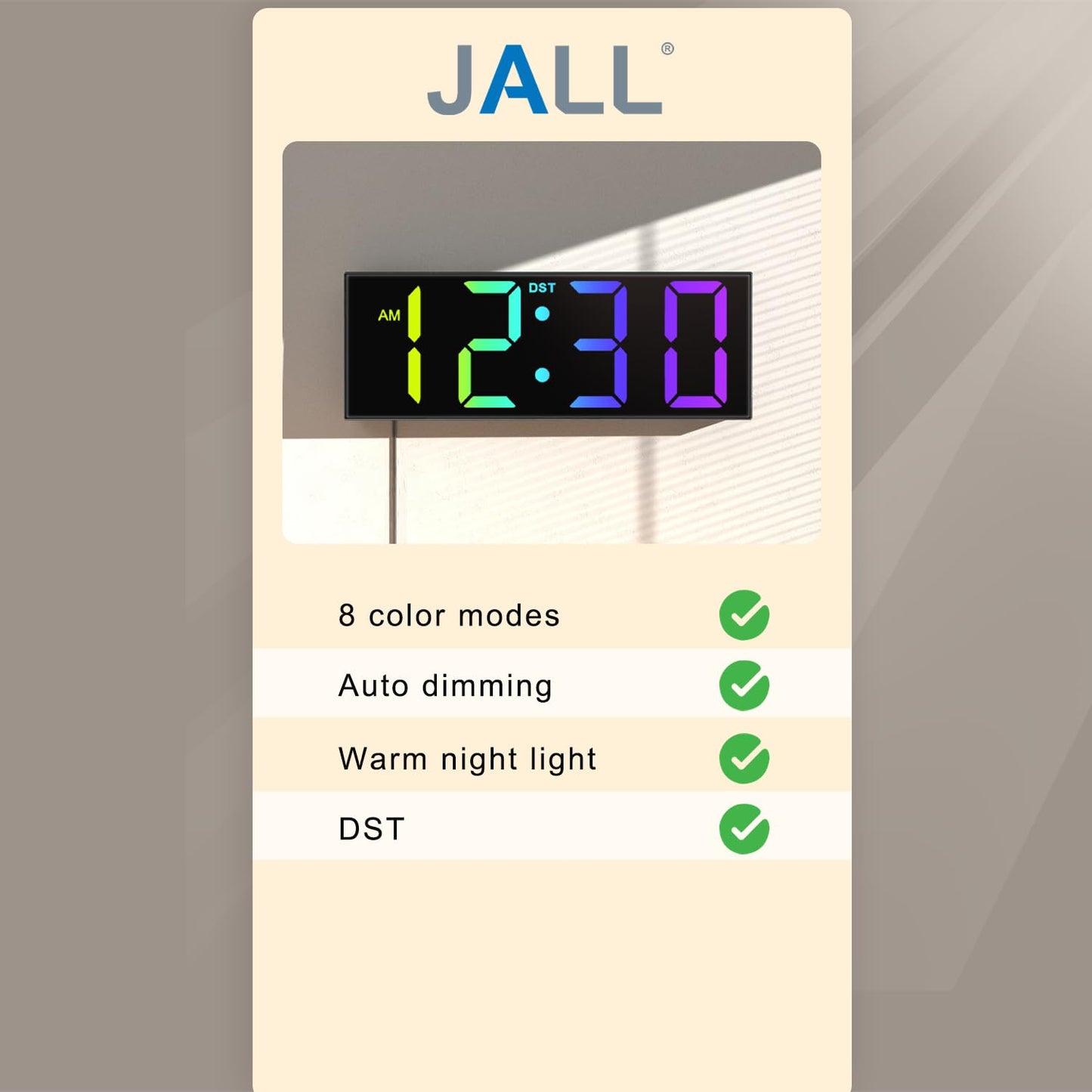 JALL 12'' Large Digital Wall Clock, Big LED Number Dispaly, RGB Colors, DST, Night Light for Classroom, Living Room, Bedroom, Mounted, Birthday Xmas Gift for Senior, Mem Womem Mom Dad