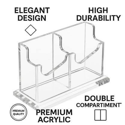 Acrylic Business Card Holder for Desk - 2 Slot Vertical Clear Business Card Display Stand, Fits Standard 2 x 3.5 Inch Cards, Office Desk Organizer for Home & Professional Use