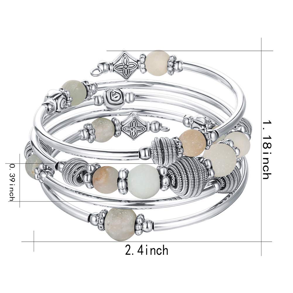 PEARL&CLUB Beaded Chakra Bangle Turquoise Bracelet - Fashion Jewelry Wrap Bracelet with Thick Silver Metal and Mala Beads, Birthday Gifts For Women(Green)