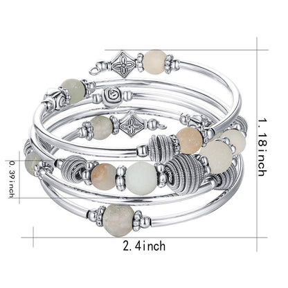 PEARL&CLUB Beaded Chakra Bangle Turquoise Bracelet - Fashion Jewelry Wrap Bracelet with Thick Silver Metal and Mala Beads, Birthday Gifts For Women(Green)