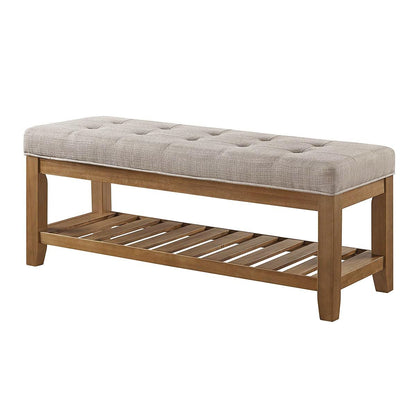 24KF Large Rectangular Upholstered Tufted Linen Fabric Ottoman Bench, Padded Bench with Solid Wood Shelf-Linen