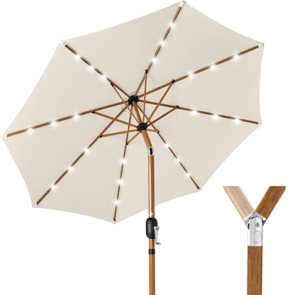 Best Choice Products 10ft Solar Market Patio Umbrella w/Woodgrain Pattern Pole, LED Lights, Tilt & Crank - Outdoor Sun Shade for Backyard Table, Deck, Poolside - Ivory