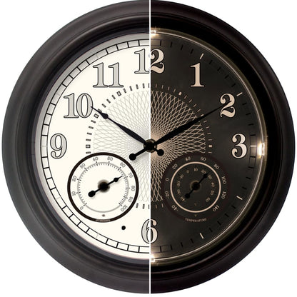 Illuminated Large Outdoor Clock - 18 inch Indoor Outdoor Night Light Wall Clock with Smart LED Sensor, Temperature and Humidity Combo - Weatherproof & Easy to Read for Pool, Patio & Home Decor