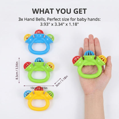 BESTonZON 3Pcs Baby Musical Rattle Toy, Plastic Handheld Jingle Sleigh Bells for Toddlers, Percussion Rhythm Shaker, Soothing Sensory Toys for Kids