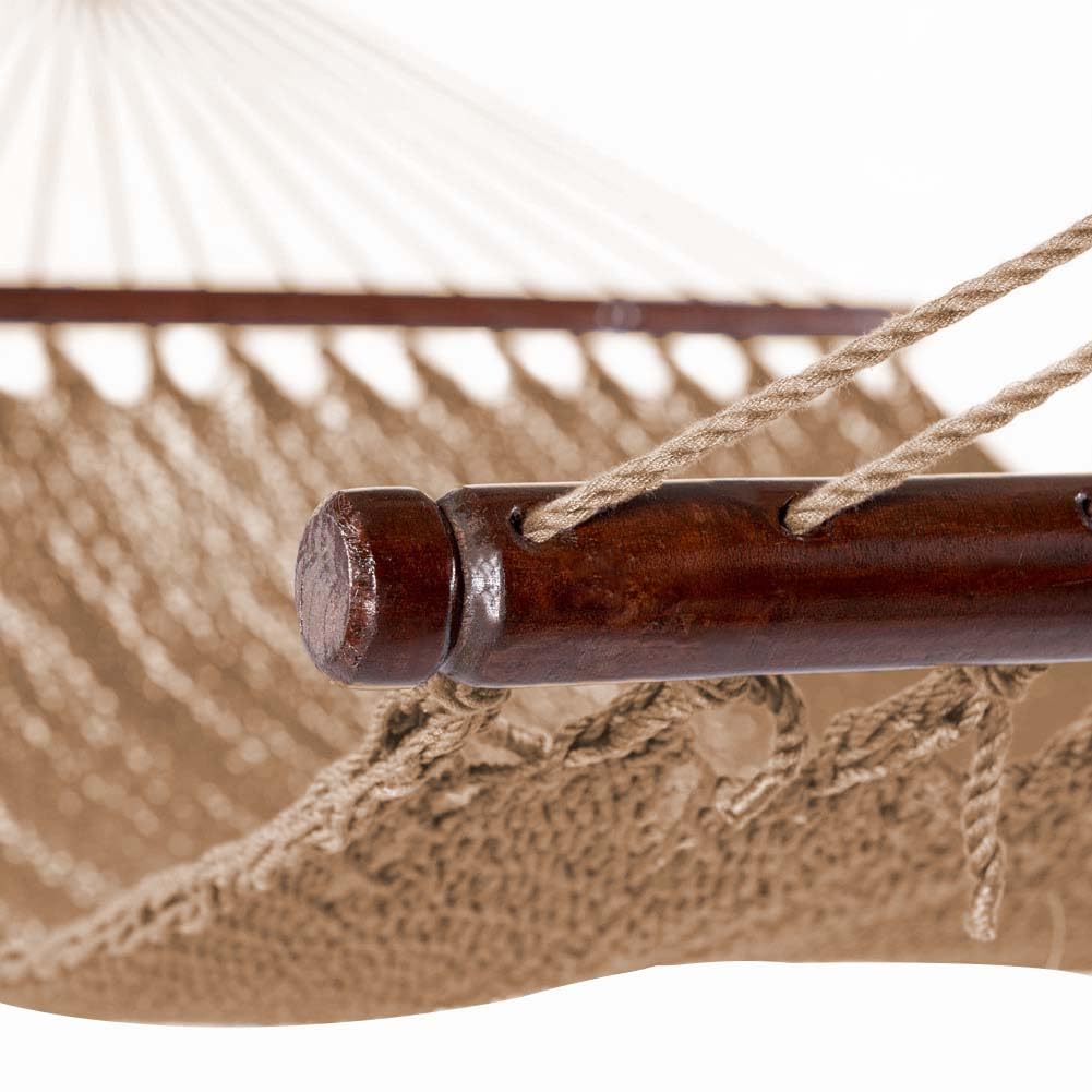 Lazy Daze Hammocks 10.5 FT Double 2 Person Caribbean Rope Hammock, Hand Woven Polyester Hammock with Spreader Bars, for Outside Outdoor Backyard Patio Poolside, 450 LBS Capacity, Tan