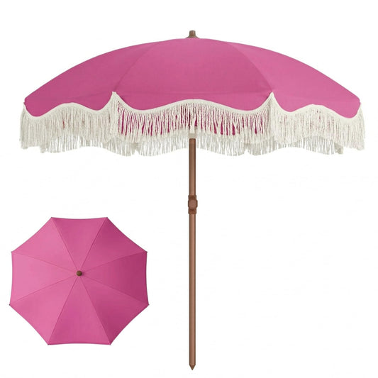 Patio Kingdom 7ft Patio Umbrella with Fringe, Boho Beach Umbrellas, Outdoor Tassels Umbrellas with Push Button Tilt & Carrying Bag, 8 Windproof Fiberglass Ribs, UPF50+, Light Pink