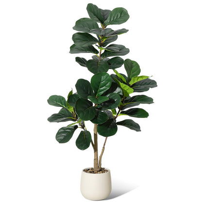 4 ft Fiddle Leaf Fig Tree Artificial with 48 Leaves - Realistic Faux Ficus Lyrata Trees in 7.8 in White Planter Pot, Indoor Fake Floor Plants for Home Office Living Room Decor, Housewarming Gift