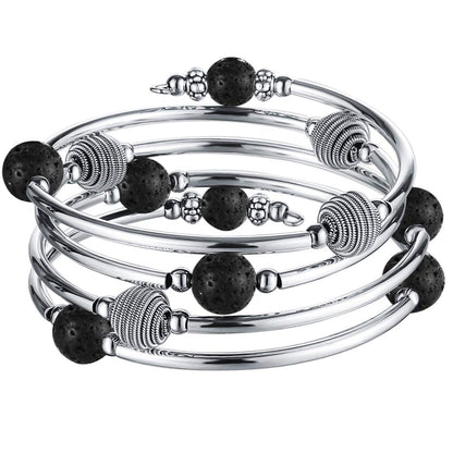 PEARL&CLUB Beaded Chakra Bangle Turquoise Bracelet - Fashion Jewelry Wrap Bracelet with Thick Silver Metal and Mala Beads, Birthday Gifts For Women(63-Lava Black)