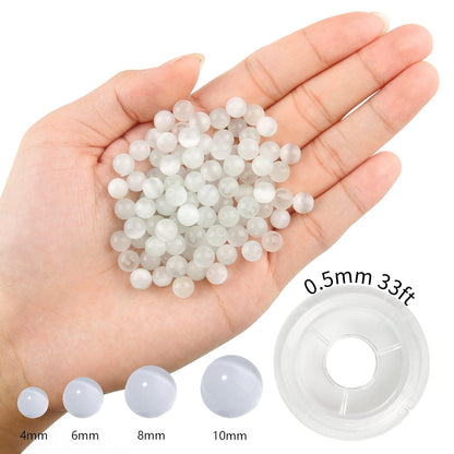 NITOPUPU 100Pcs 10mm Natural Smooth White Cat Eye Beads Round Loose Gemstone Stone Beads for Jewerly Making with Crystal Stretch Cord
