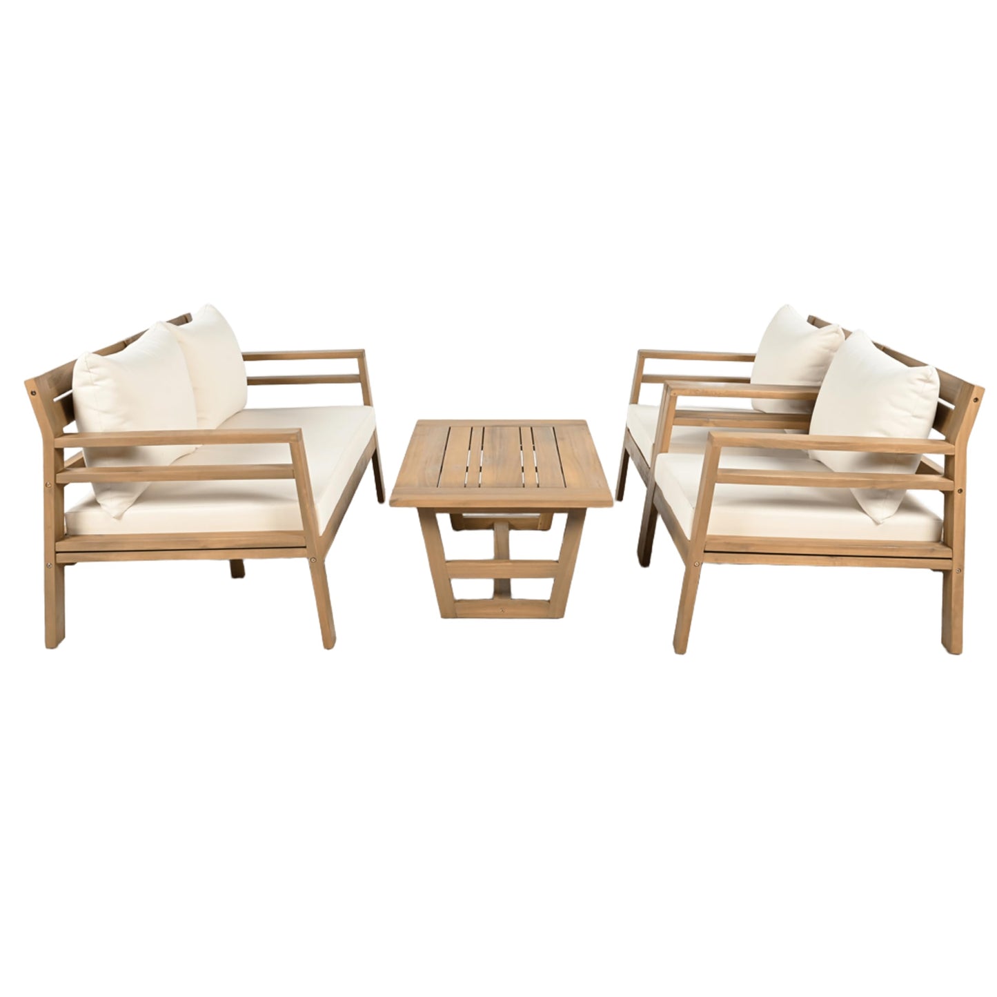 Christopher Knight Home Jamaia 4 Pieces Acacia Furniture Set, Patio Conversation Chat 2-Seat Sofa Set with Coffee Table, Outdoor Loveseat Chair Set for Garden Porch Backyard Balcony, Light Teak+Beige