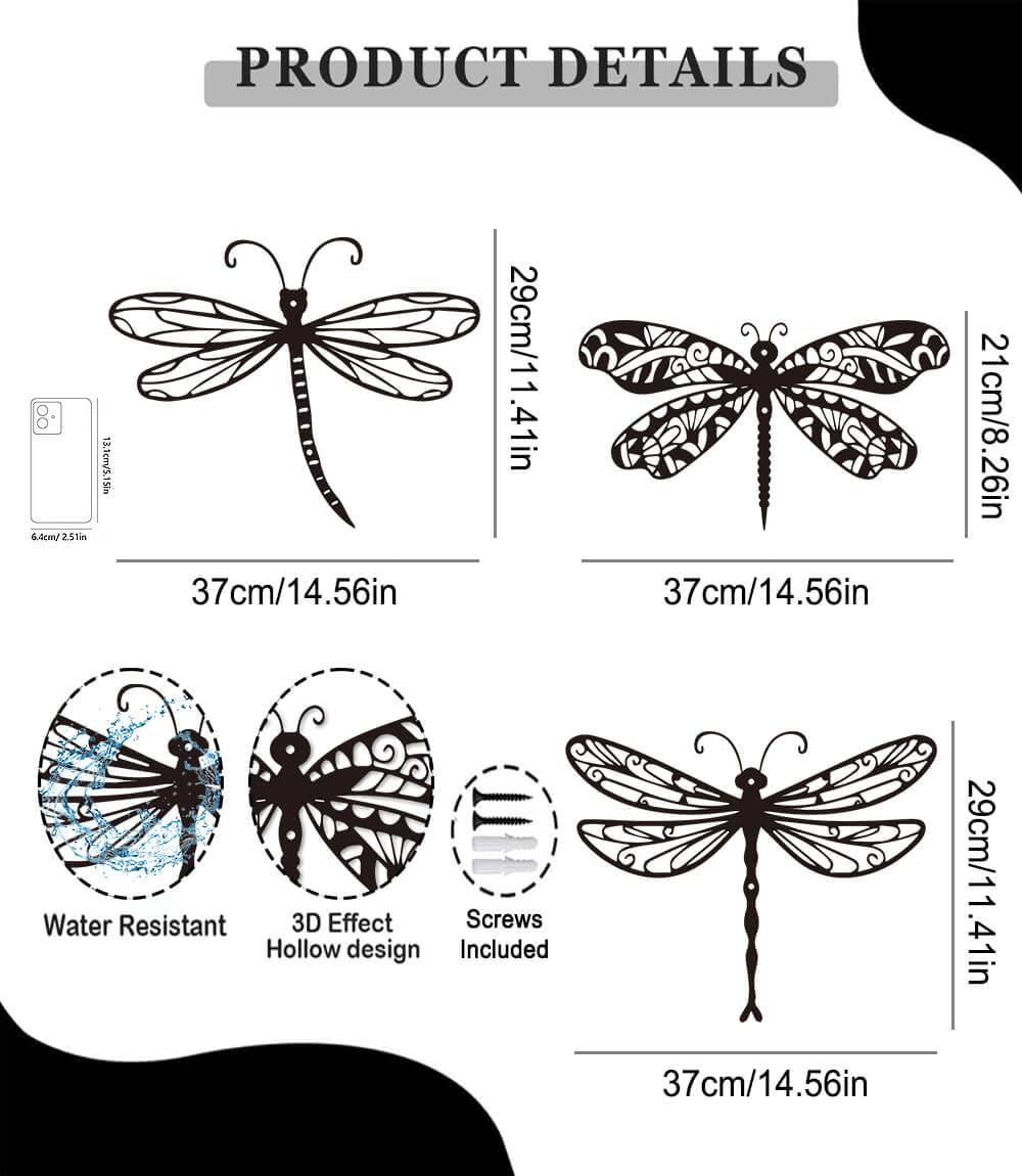 Large 14.56" Dragonflies Metal Wall Decor - 3 Pack Rust-Proof Garden Art Dragonfly Wall Hanging Sculpture for Outdoor & Indoor Yard Fence Outside Decorations - Insects Gift for Women & Nature Lovers