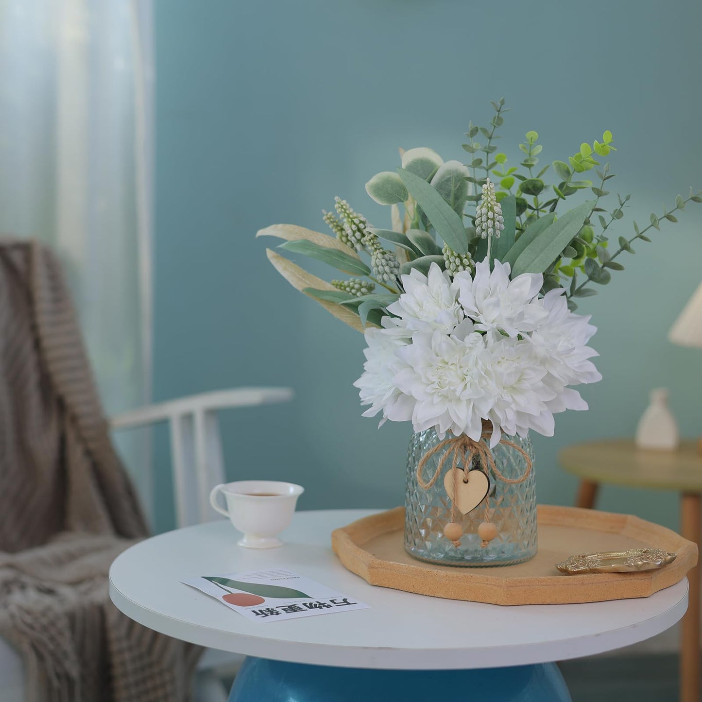 Faux Flowers with Vase,Artificial Silk Flowers in Vase, Fake Plant Eucalyptus and Willow,Flower Arrangement for Home Farmhouse kitchen Dining Table Centerpiece Decorations Coffee Table Decor (White)