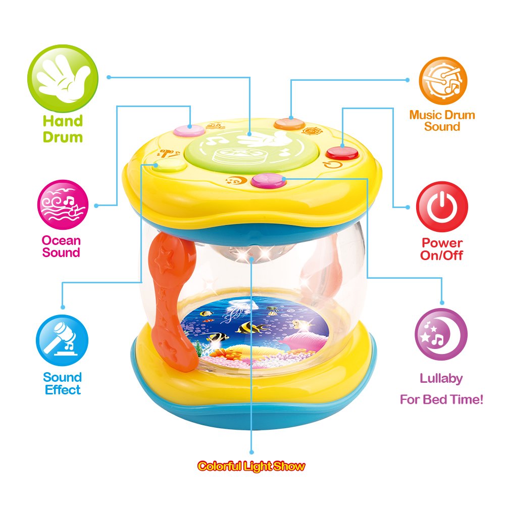 WEofferwhatYOUwant Baby Musical Instrument Set – 3 Piece Trumpet Drum Harp Bundle with Lights Songs Lullabies Interactive Play Modes Batteries Included BPA-Free Travel Ready Musical Gift for Toddlers