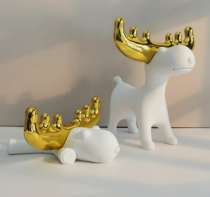 ZMLOOK Modern White Resin Deer Figurine with Gold Antlers – 7.48 x 69 x 7.72 Minimalist Animal Sculpture for Home & Desk Decor(Standing/Reclining Style)