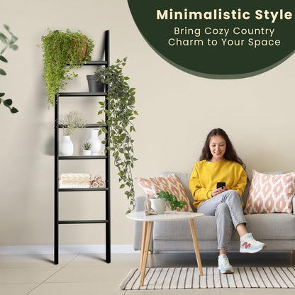 Decorative Wooden Blanket Ladder for the Living Room and Bedroom, 5ft 8 inch, Pine Wood Quilt Ladder, 6-Tier Wall Leaning Blanket Rack Stand, Farmhouse blanket ladder for Home Décor N Display. (Black)