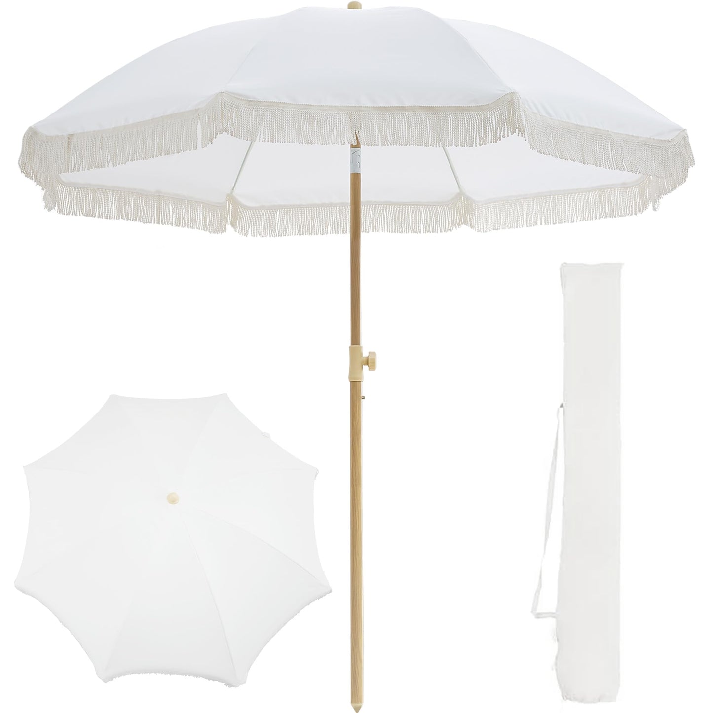 Kbrellaoutlets 7FT Boho Patio Umberlla with Fringe,UPF50+ Outdoor Umbrella with 8 Fiberglass Ribs and Push Button Tilt,Tassels Umbrella for Beach,Terrace,Picnic (Cream)