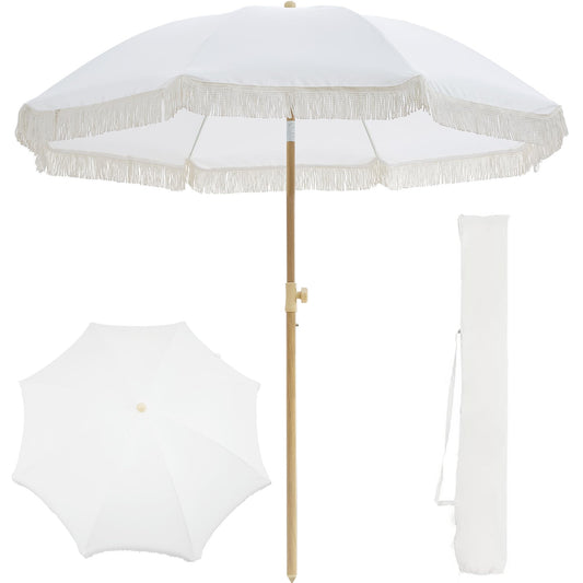 Kbrellaoutlets 7FT Boho Patio Umberlla with Fringe,UPF50+ Outdoor Umbrella with 8 Fiberglass Ribs and Push Button Tilt,Tassels Umbrella for Beach,Terrace,Picnic (Cream)