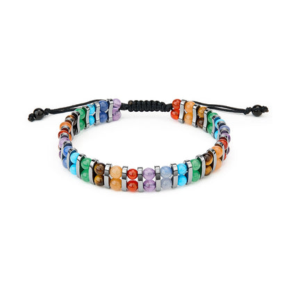 Double Row 7 Chakra Gems (Amethyst/Tiger Eye/Obsidian) Hematite Energy Art Jewelry, 3-in-1 Triple Protection Bracelet for Chakra Balance, Spiritual Men & Women, Reiki Healing Gift (Chakra Stones)