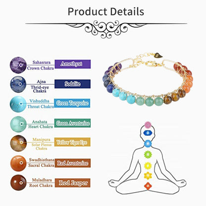 ASGIFT 7 Chakra Bracelet Adjustable 14K Gold Wire Wrapped Gemstone Beads Bracelet Natural Crystal Stone Yoga Meditation Bracelets Jewelry Gift for Women