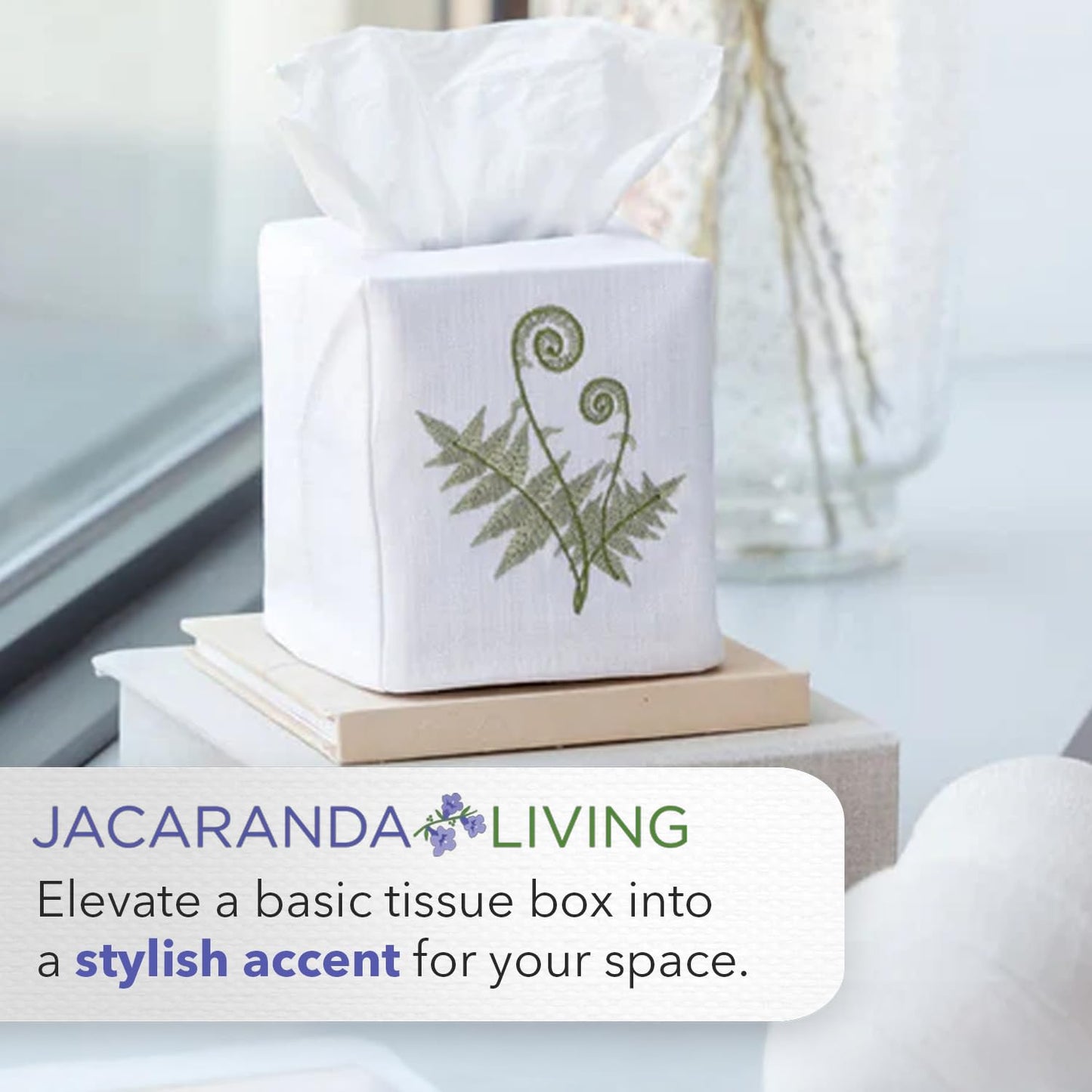 Jacaranda Living Square Tissue Box Cover, Linen/Cotton Fabric Tissue Holder, Decorative Cloth Tissue Cube Cover, Animal Designs Feathered Peacock, Turquoise, Pewter