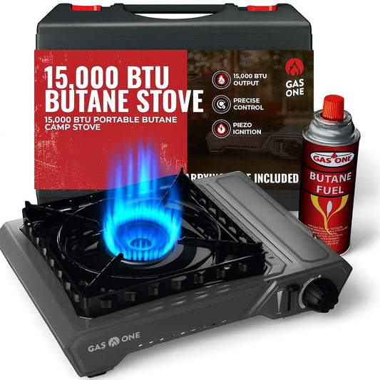 GasOne GS-5900A 15,000 BTU Portable Butane Camping Stove with Heavy Duty Case: Automatic Ignition, High Output, Precise Heat Control - Camping & Tailgating and Outdoor Cooking