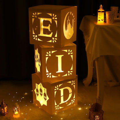 Eid Decoration Boxes with Light - 3pcs White Hollow-Out Paper Boxes with Warm Light String, Cultural Elements Box for Eid al-Fitr Decor al-Adha Festival Ramadan Mubarak Muslim Islamic Supplies