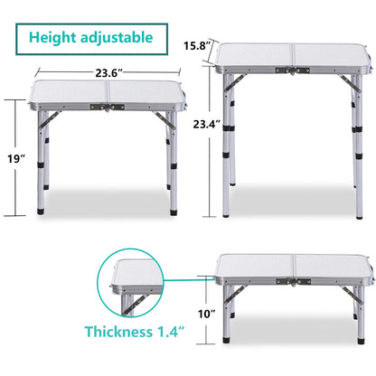 YihuiKo Folding Camping Table with Adjustable Height, 23.6" x 15.8" Portable Lightweight Tables with Aluminum Legs for Outdoor Camp, Picnic, Beach, Backyard, Tailgate Cooking, 3 Heights