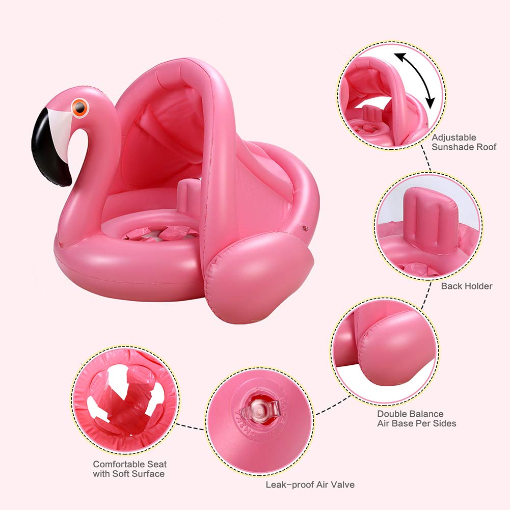 Baby Pool Float with Canopy,Flamingo Inflatable Swimming Ring,Infant Pool Floaties Sunshade Toys for Baby Girls Boys Toddlers Pink